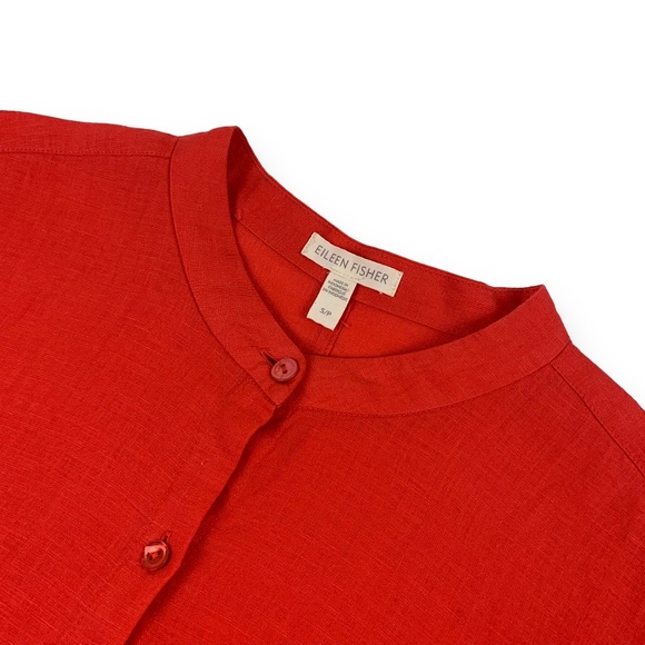 Eileen Fisher Orange 100% Linen Mandarin Collar Shirt Dress - Picture 3 of 9